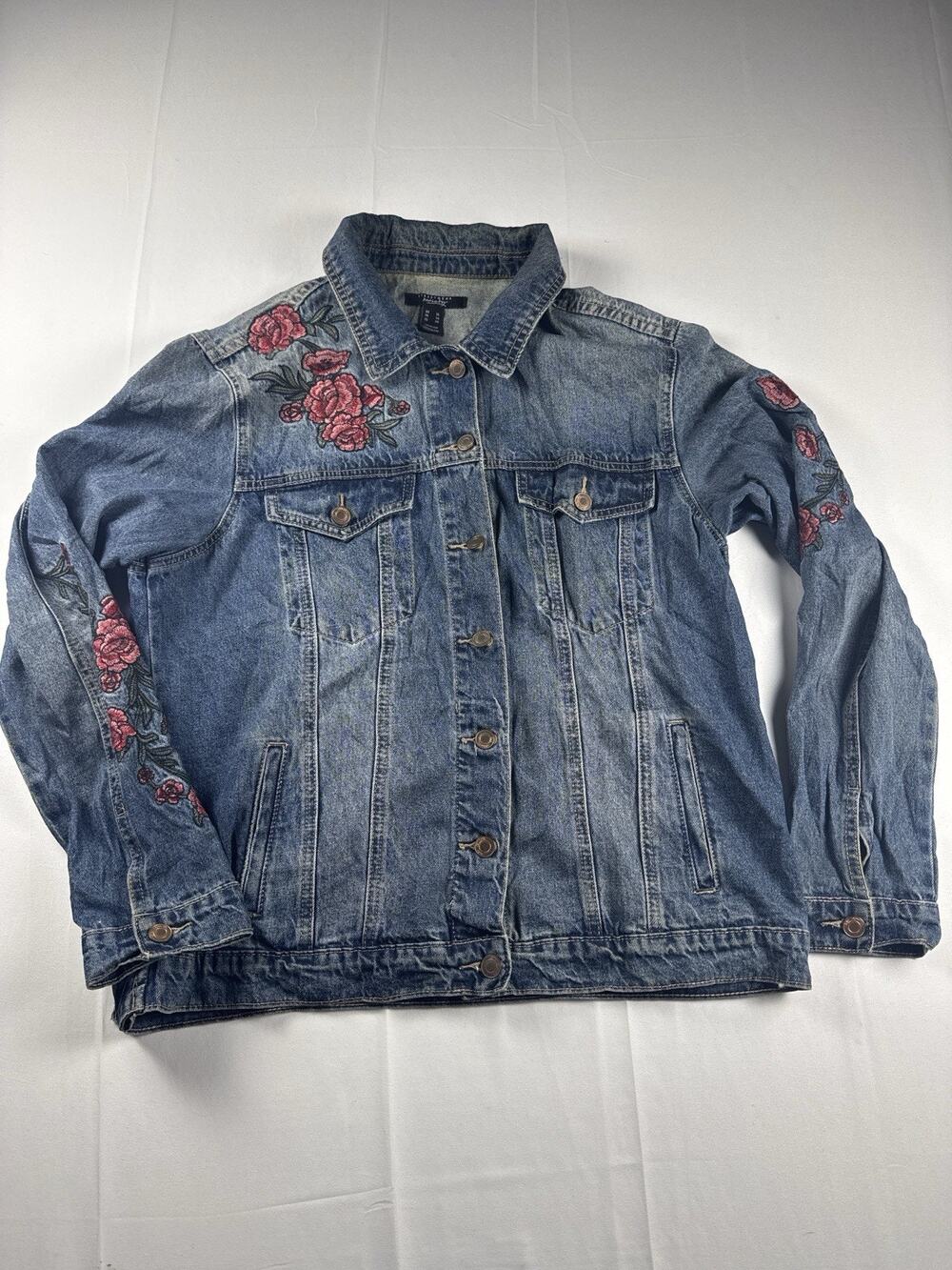 Womens Denim Jacket Floral Embroidered Trucker Blue Jean XL